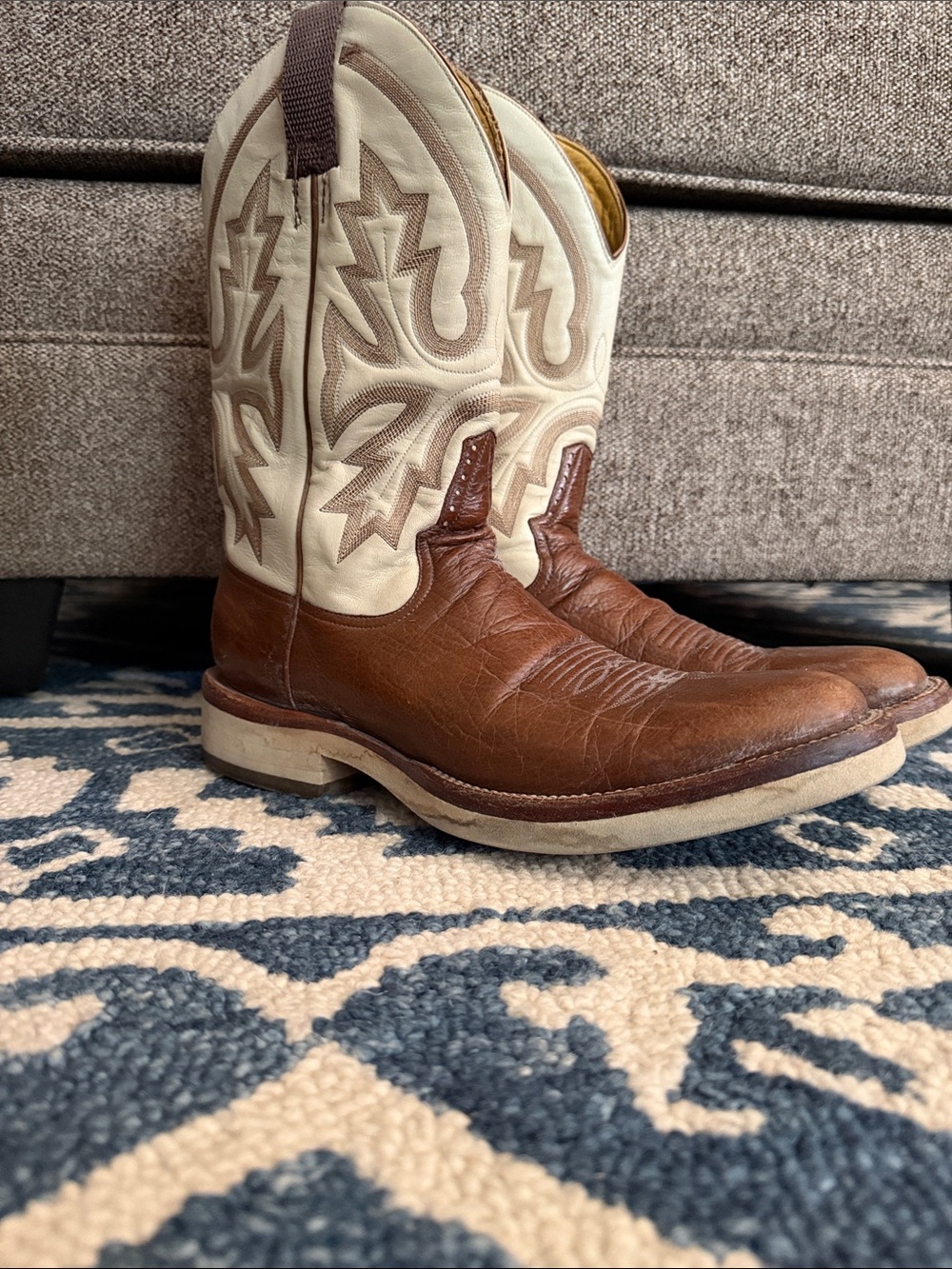 Men's Brown Smooth Ostrich  & Cream Western Boots - Classic Cowboy Style